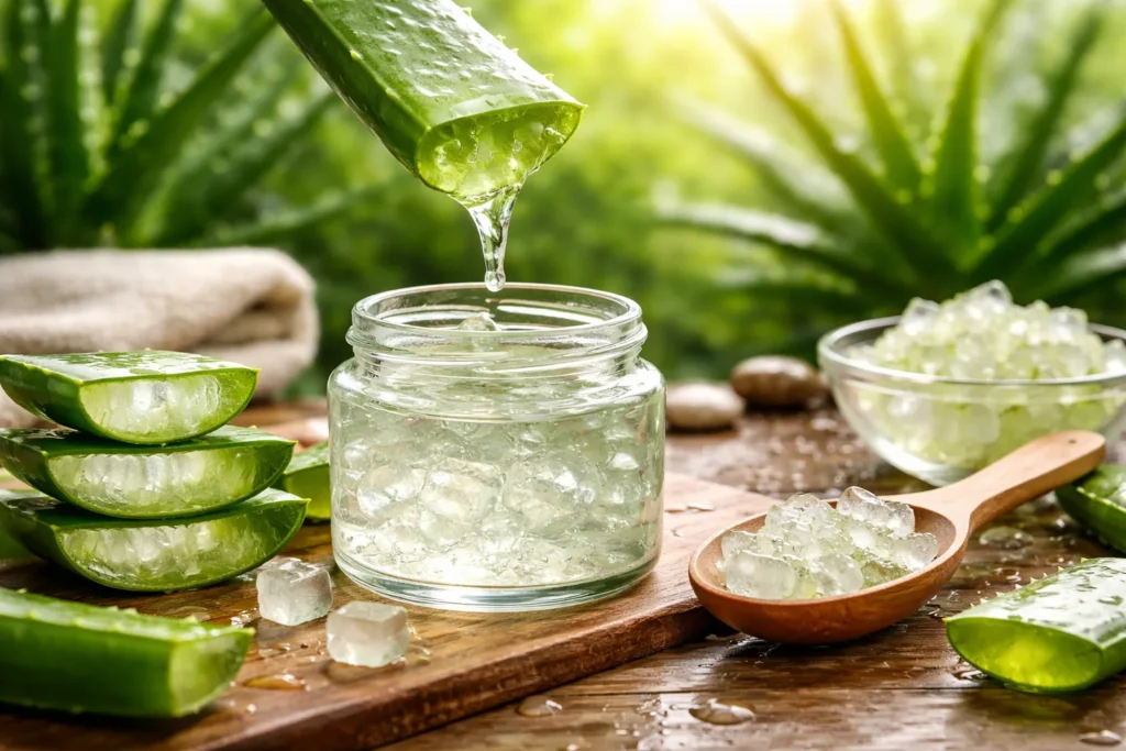 fresh aloe vera gel extracted from a cut leaf
