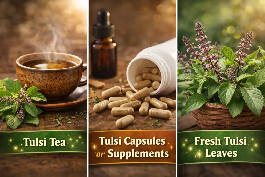 Tulsi Tea,Tulsi Capsules or Supplements,Fresh Tulsi Leaves