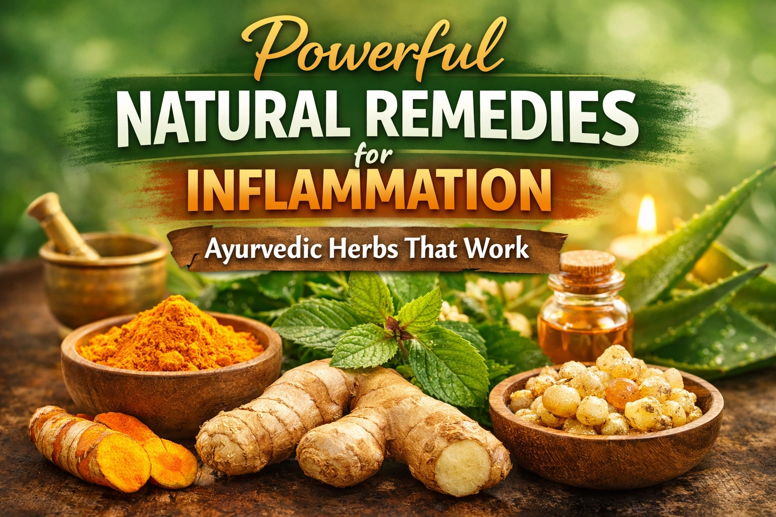 “Natural remedies for inflammation with Ayurvedic herbs like turmeric, ginger, tulsi and aloe vera”
