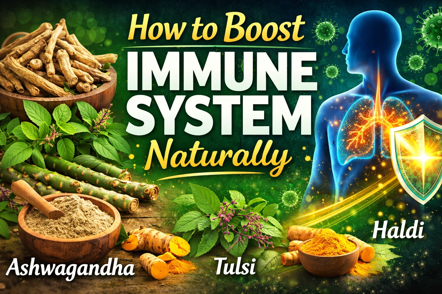 How to Boost Immune System Naturally thumbnail with Ashwagandha, Tulsi, Giloy, and Haldi herbs alongside a glowing human immune system illustration and herbal background