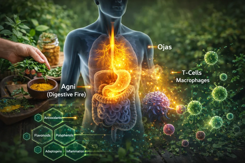 Ayurvedic immune system illustration showing digestive fire (Agni), Ojas energy, herbal antioxidants, and activated immune cells fighting infections inside the human body