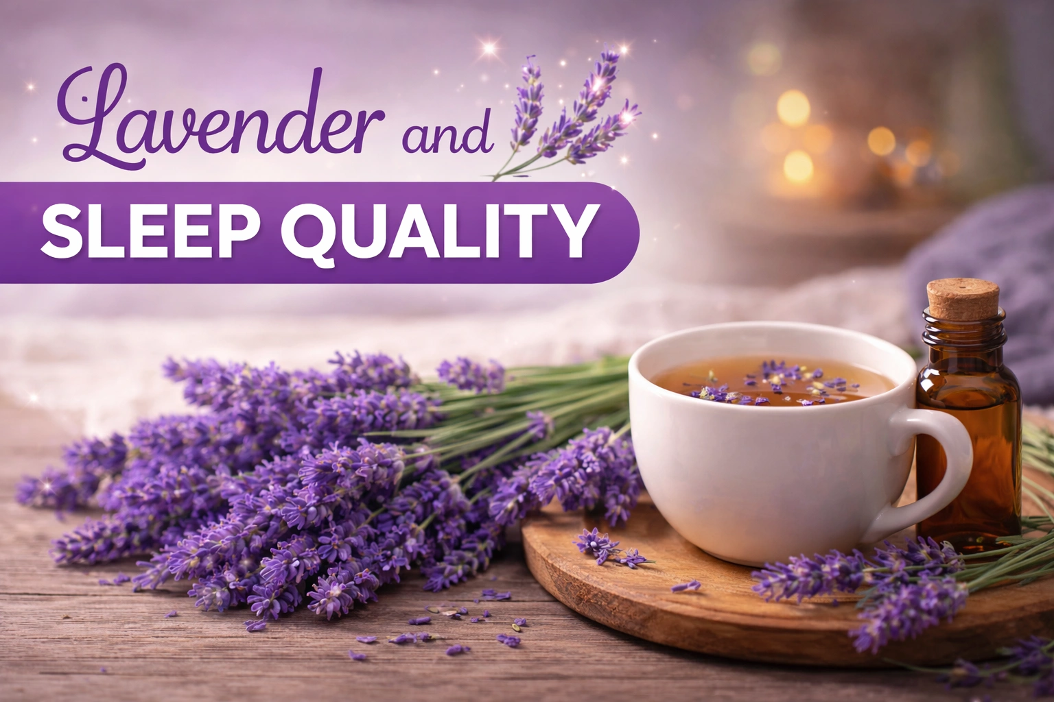 lavender and sleep quality thumbnail with lavender flowers, herbal tea cup, and essential oil in a relaxing night background lavender and sleep quality thumbnail with lavender flowers, herbal tea cup, and essential oil in a relaxing night background