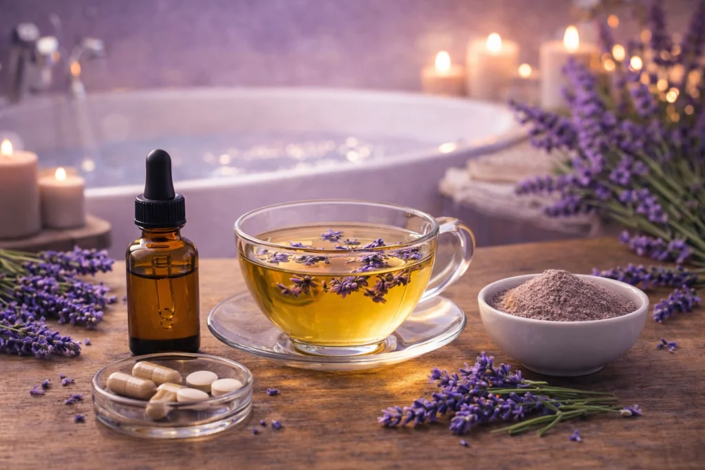 different forms of lavender collage showing lavender tea, essential oil, capsules, herbal powder, and relaxing lavender bath in a wellness lifestyle setting
