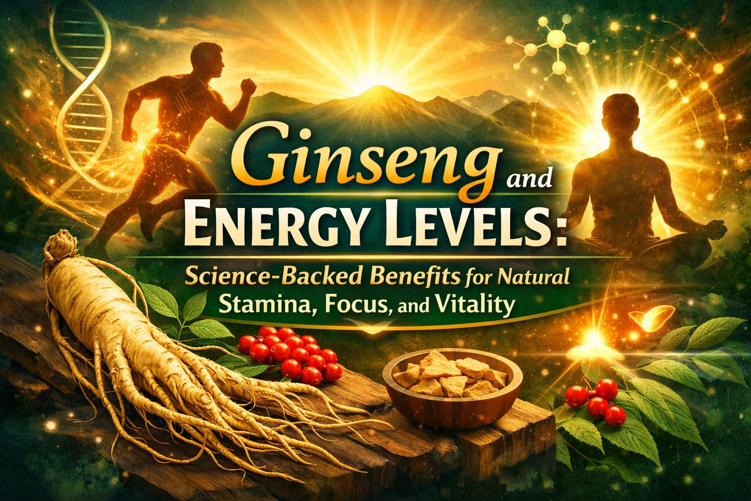 Ginseng and Energy Levels, ginseng benefits for energy, natural stamina booster herb, ginseng root for vitality, herbal energy supplement, adaptogenic herbs for fatigue, ginseng for focus and mental clarity, Ayurveda energy herbs, natural stress relief herb, improve stamina naturally, vitality and wellness concept, herbal medicine background, energy boosting plant ginseng