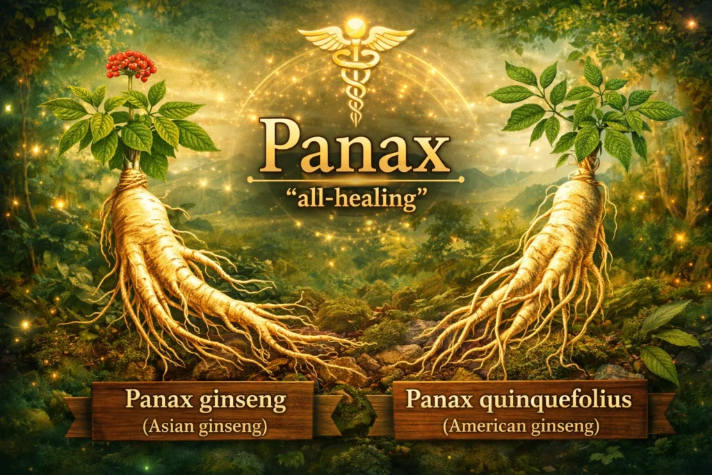 Panax ginseng (Asian ginseng) and Panax quinquefolius (American ginseng) roots displayed in a natural forest setting, symbolizing the meaning of “Panax” as all-healing medicinal plants