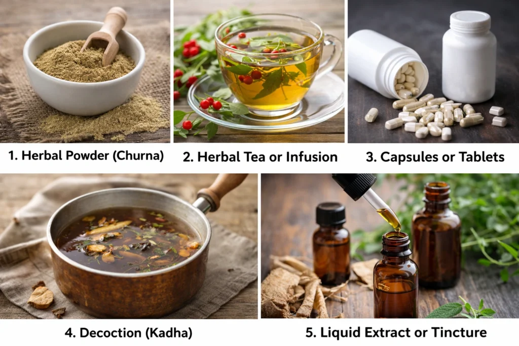 Five common herbal consumption forms displayed together: herbal powder (churna) in a bowl, herbal tea infusion in a glass cup, capsules and tablets in a container, traditional decoction (kadha) in a pot, and liquid extract or tincture in dropper bottles on a wooden surface