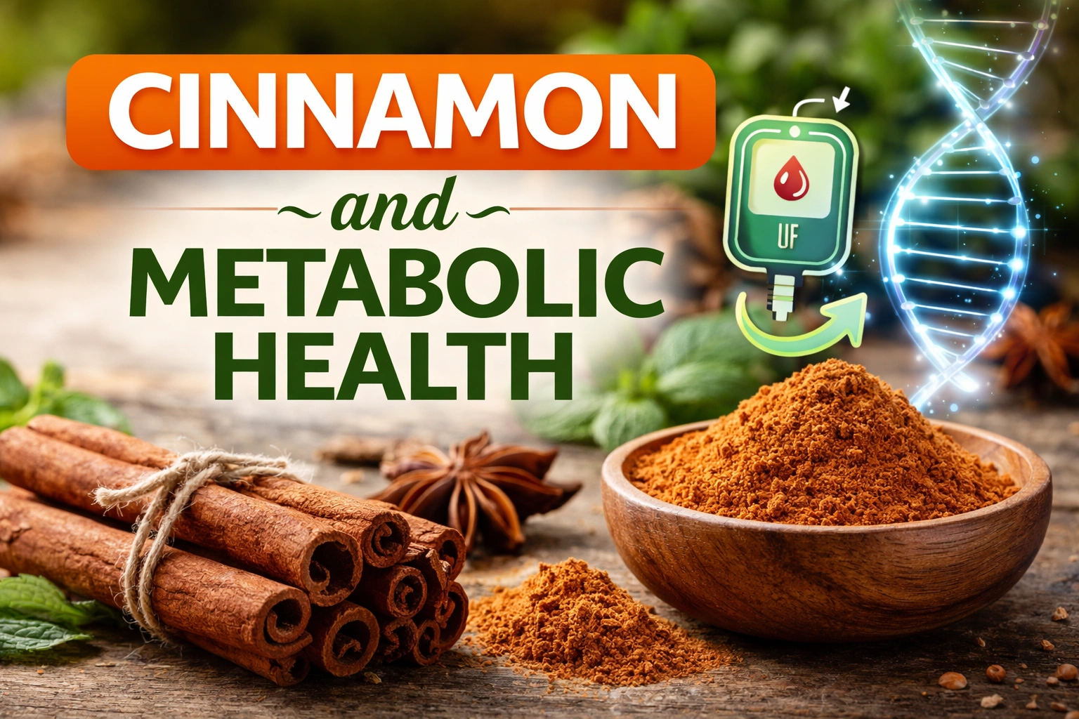 Cinnamon sticks and ground cinnamon in a wooden bowl on a rustic table with bold text “Cinnamon and Metabolic Health,” alongside a glucose monitor icon and glowing DNA helix, representing blood sugar control and metabolic benefits.