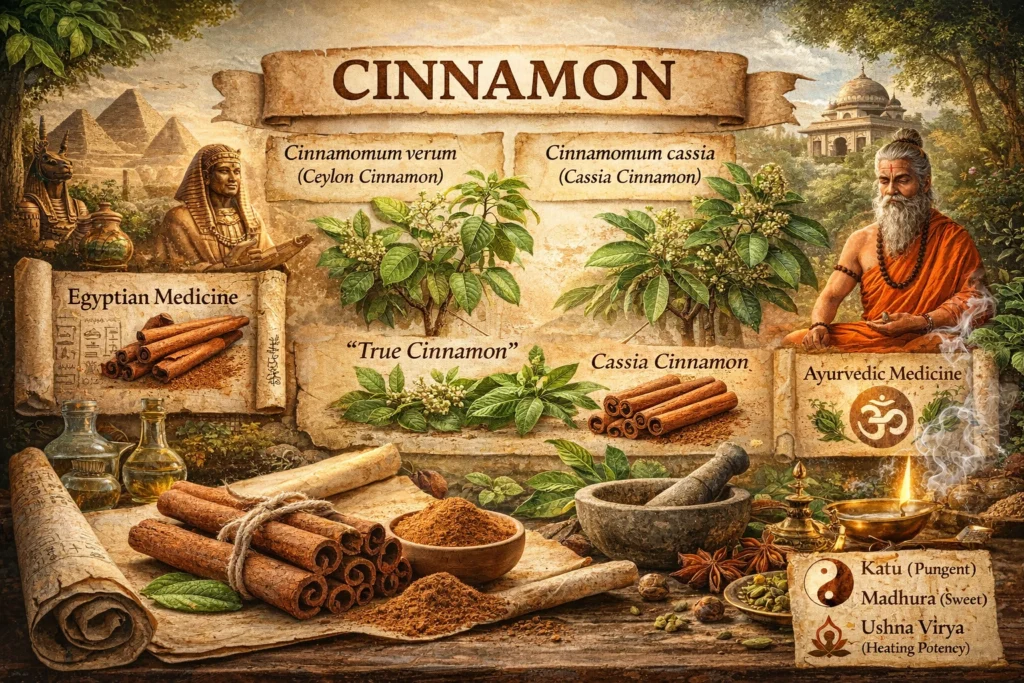 Illustration showing Ceylon (Cinnamomum verum) and Cassia (Cinnamomum cassia) cinnamon plants with sticks and powder on a rustic table, surrounded by scenes of ancient Egyptian, Chinese, and Ayurvedic medicine, highlighting cinnamon’s traditional healing use and warming properties.