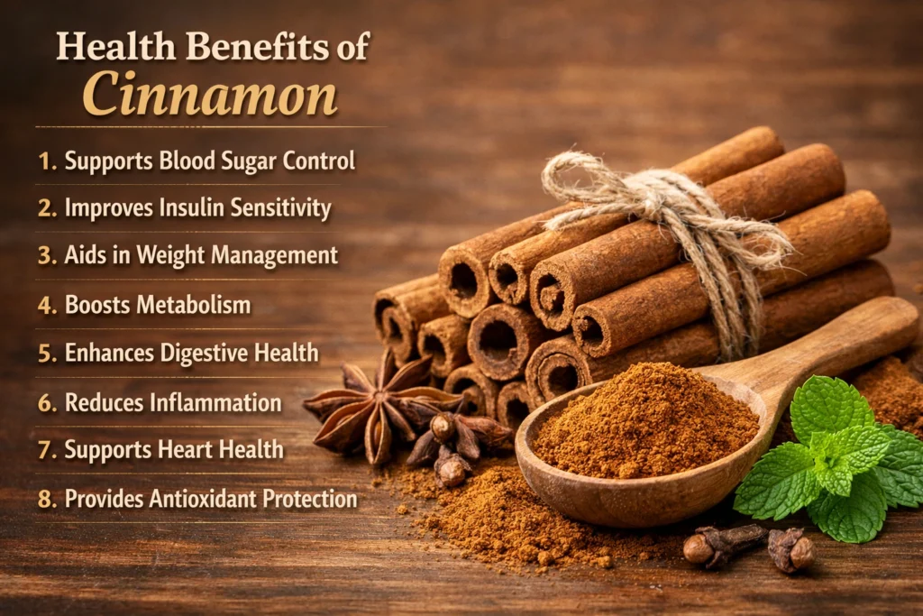 Cinnamon sticks, ground cinnamon powder in a wooden bowl, and spices arranged on a wooden surface with a text overlay listing key health benefits such as blood sugar control, improved insulin sensitivity, metabolism boost, digestive support, reduced inflammation, heart health, and antioxidant protection.