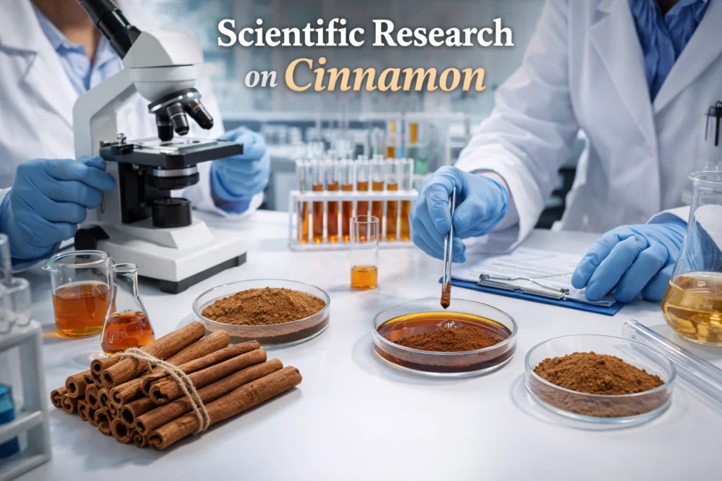A realistic laboratory scene where scientists in white coats and gloves are analyzing cinnamon samples using a microscope and lab equipment, with cinnamon sticks, powder, and liquid extracts placed in petri dishes and test tubes, representing scientific research on cinnamon’s health properties.
