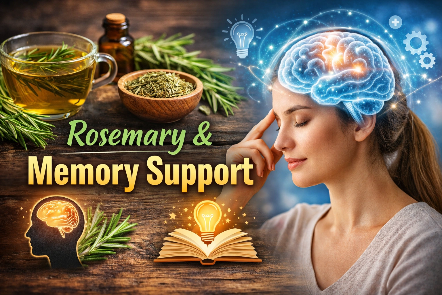 Realistic 16:9 thumbnail showing rosemary tea, fresh rosemary leaves, and herbal powder on a wooden table alongside a woman with a glowing brain illustration, representing memory enhancement and cognitive support.