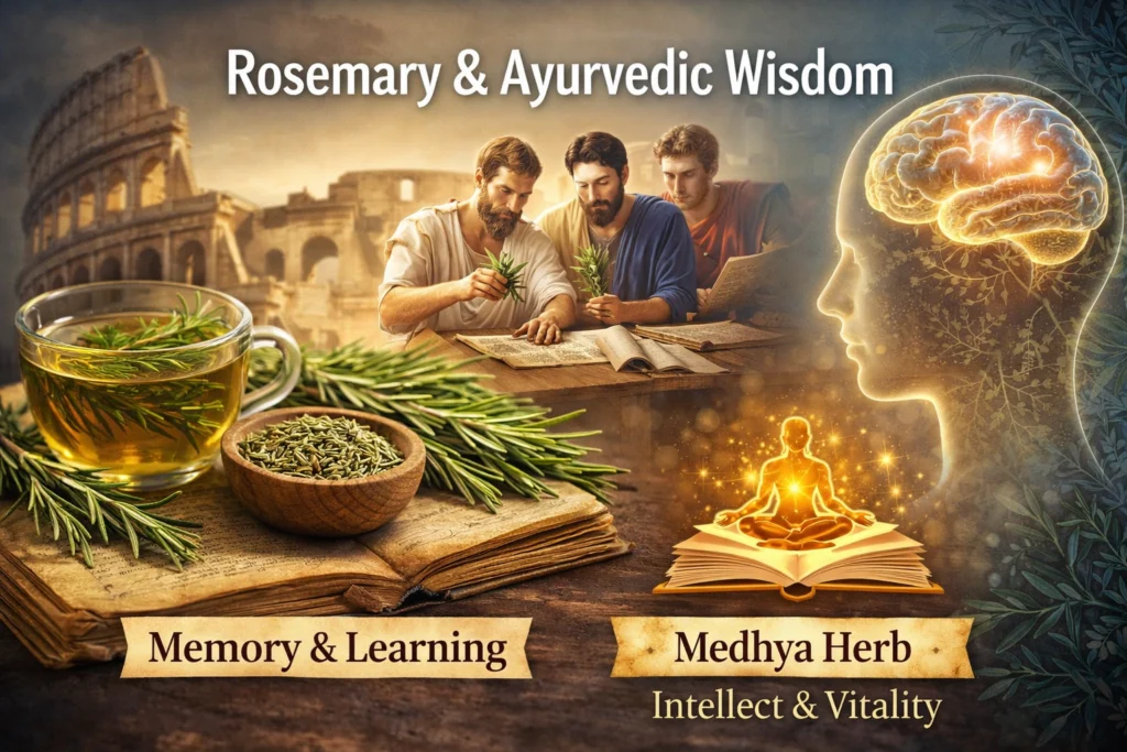 Realistic 16:9 image showing rosemary tea, fresh rosemary leaves, and dried herbs on an old book, with ancient scholars studying in the background and a glowing human brain illustration representing memory, learning, and Ayurvedic cognitive support.
