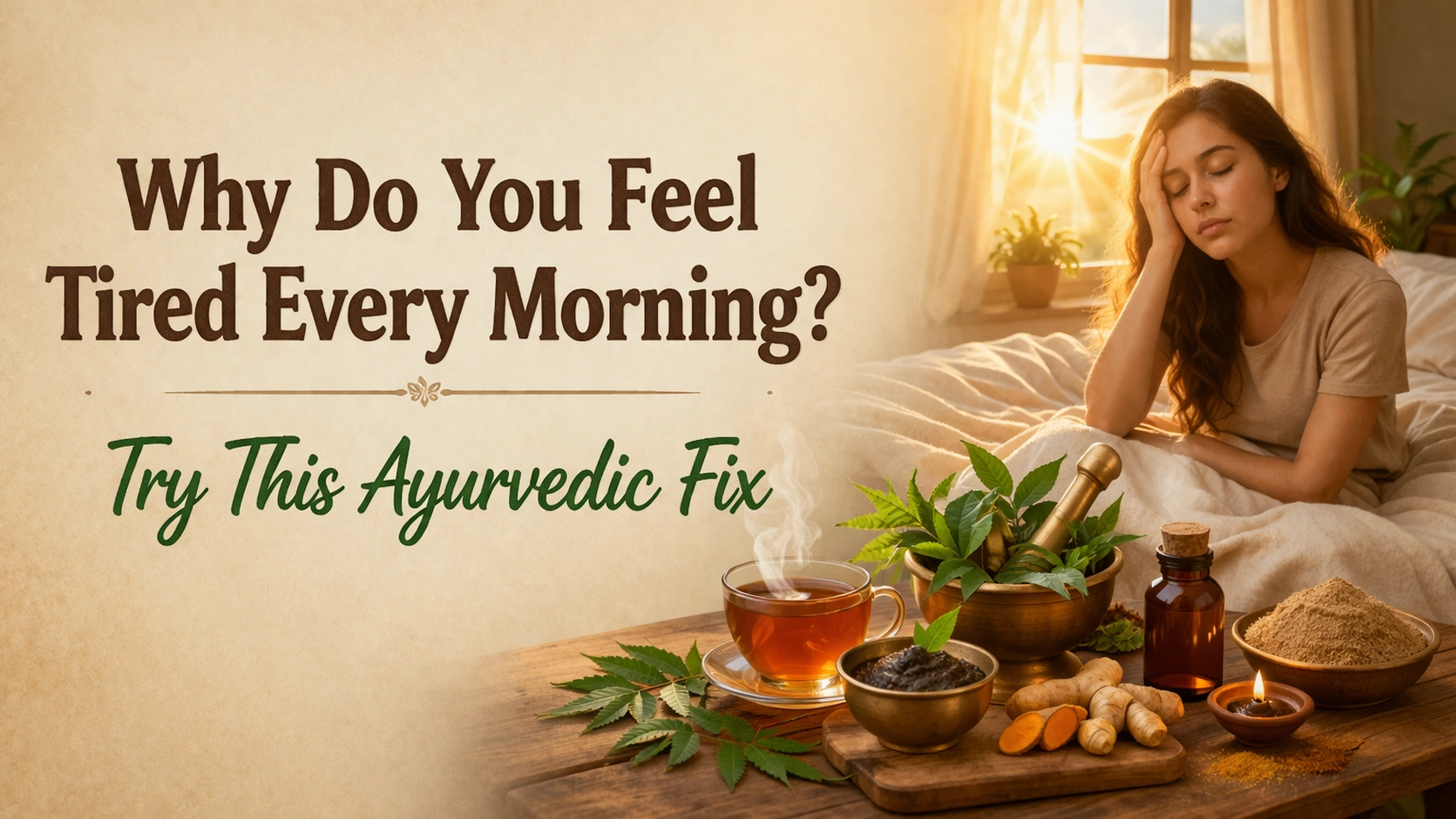 **Alt Text (SEO optimized):** A 16:9 wide illustration showing a tired woman sitting on her bed in the morning with sunlight coming through the window, alongside Ayurvedic herbs, herbal tea, turmeric, and a meditating figure with glowing chakras. The image includes the text “Why Do You Feel Tired Every Morning? Try This Ayurvedic Fix” in bold and calming typography.