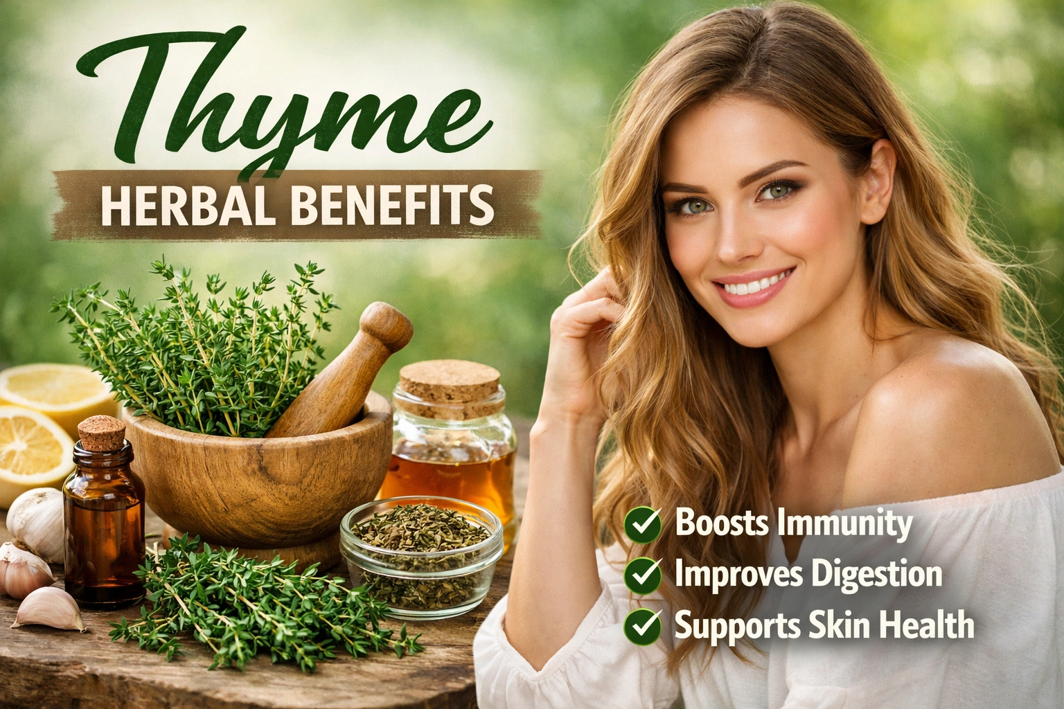 Realistic blog thumbnail showing a smiling attractive woman with fresh thyme herbs, essential oil, and natural ingredients, highlighting thyme herbal benefits including immunity boost, improved digestion, and skin health support.