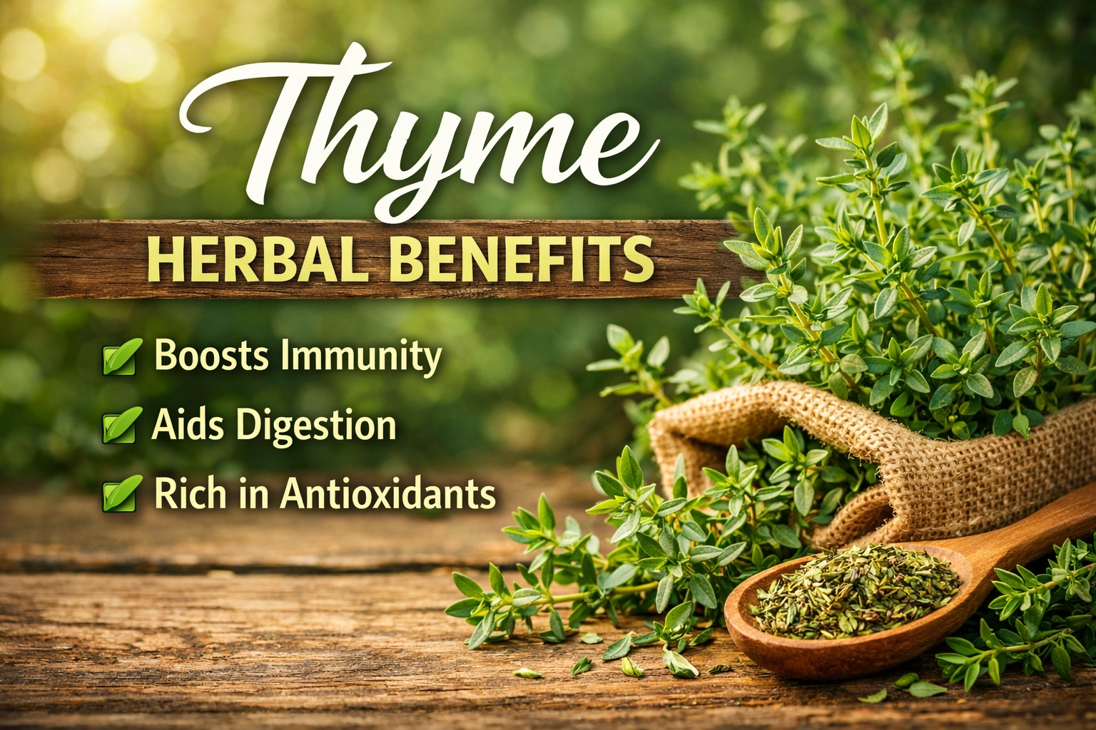 Fresh thyme herb powder on wooden surface with natural green background and sunlight, showcasing organic herbal texture and medicinal plant detail