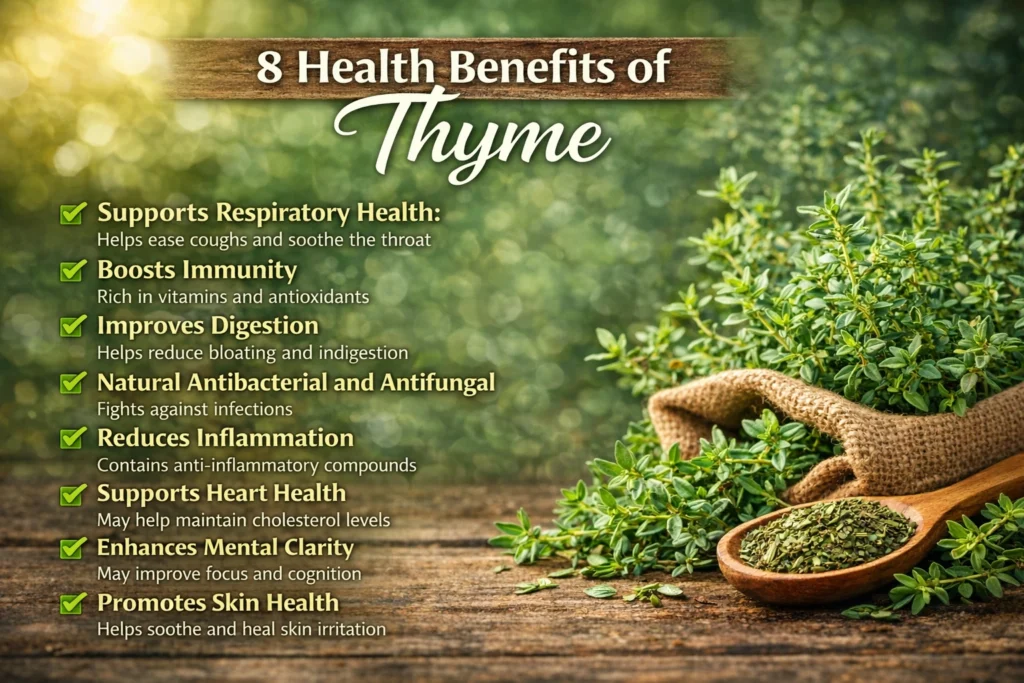 Infographic showing 8 health benefits of thyme including respiratory support, immunity boost, digestion improvement, antibacterial properties, inflammation reduction, heart health, mental clarity, and skin health with fresh thyme herbs on rustic wooden background