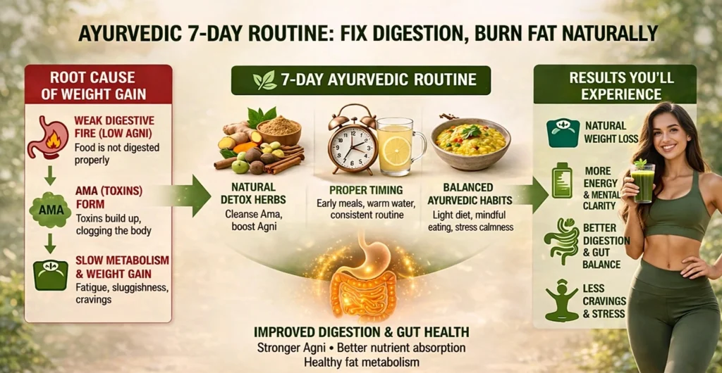 **Alt Text (SEO optimized):**
“Ayurvedic 7-day routine infographic showing root causes of weight gain like low digestion (Agni) and toxins (Ama), along with natural detox herbs, proper timing, and balanced habits leading to improved digestion, gut health, natural weight loss, and increased energy.”

