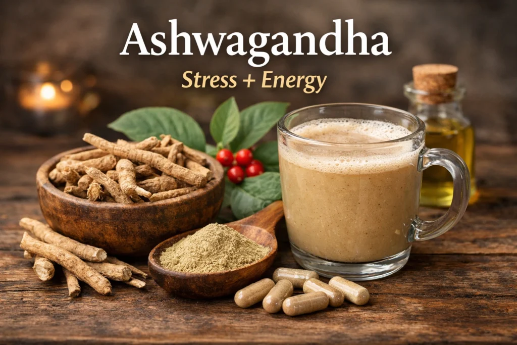 “Realistic image of Ashwagandha root, powder, capsules, and herbal tea on a wooden table with text ‘Ashwagandha – Stress + Energy’, representing natural stress relief and energy boosting Ayurvedic herb.”