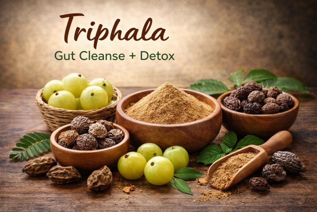 “Realistic image of Triphala powder with amla, haritaki, and bibhitaki fruits on a wooden table with text ‘Triphala – Gut Cleanse + Detox’, highlighting its natural Ayurvedic benefits for digestion and detoxification.”