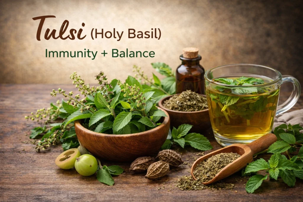 “Realistic image of Tulsi (Holy Basil) leaves, dried herbs, and herbal tea in a glass cup with text ‘Tulsi (Holy Basil) – Immunity + Balance’, representing natural immune support and body balance in Ayurveda.”
