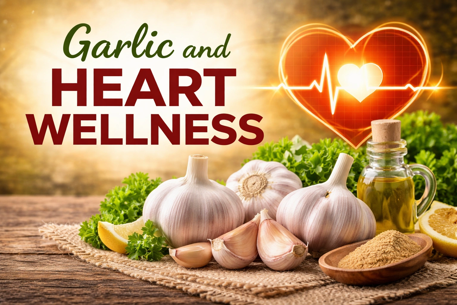 “Realistic thumbnail showing garlic bulbs, cloves, oil, and powder with a glowing heart icon and text ‘Garlic and Heart Wellness’, highlighting natural support for cardiovascular health.”
