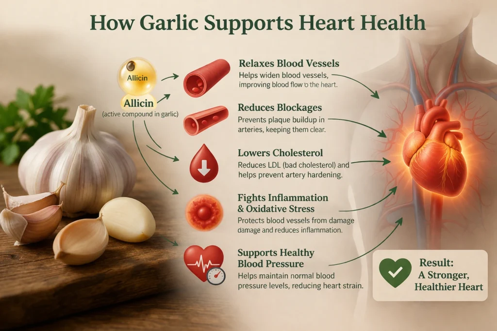 **Alt Text:**
A visual illustration showing how garlic supports heart health, with fresh garlic bulbs and cloves on one side and a glowing human heart with arteries on the other, representing improved blood flow, reduced blockages, lower cholesterol, and healthier blood pressure.