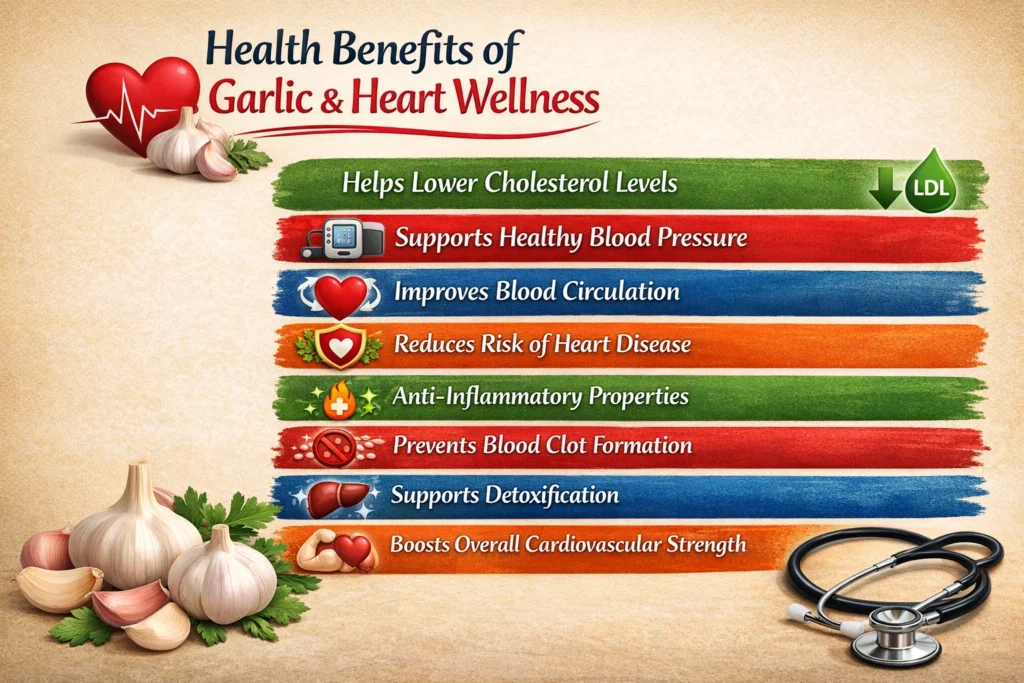 **Alt Text:**
A 16:9 infographic showing the health benefits of garlic for heart wellness, with garlic bulbs on one side and colorful horizontal sections listing benefits like lowering cholesterol, improving blood circulation, supporting blood pressure, reducing inflammation, preventing blood clots, detoxification, and strengthening overall cardiovascular health.