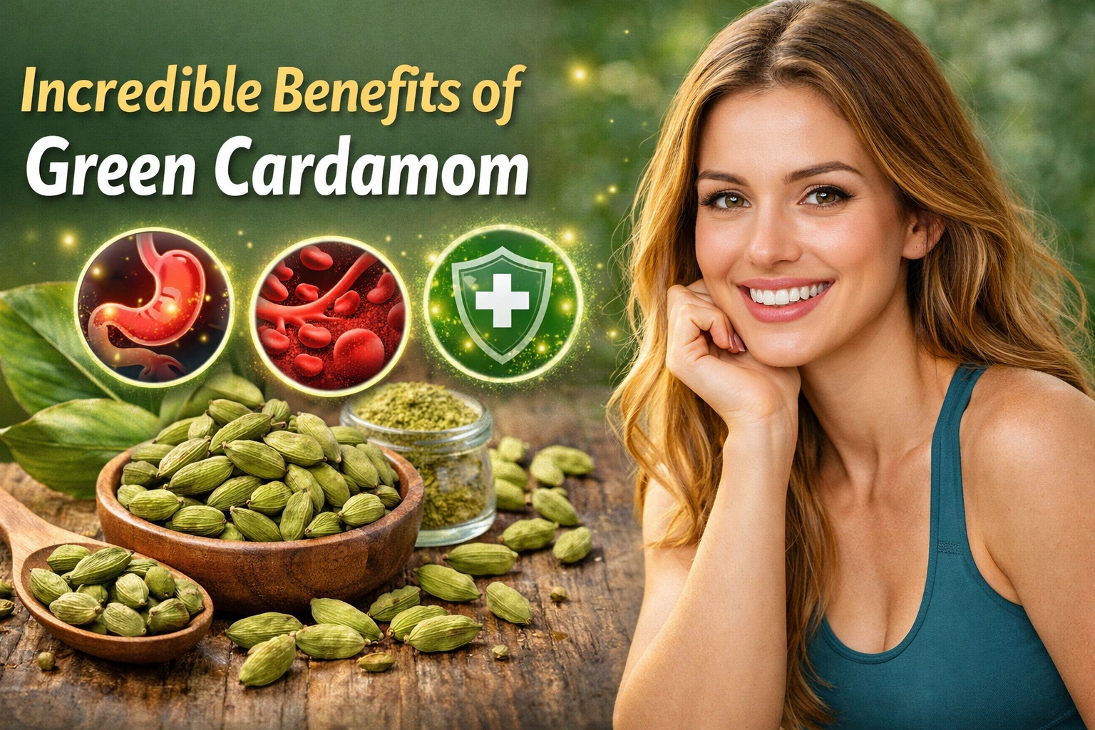 Realistic blog thumbnail showing a smiling fit young woman in a sports bra and leggings, standing beside fresh green cardamom pods and powder on a wooden table, with bold text “Incredible Benefits of Green Cardamom” and glowing health icons in a natural green background.