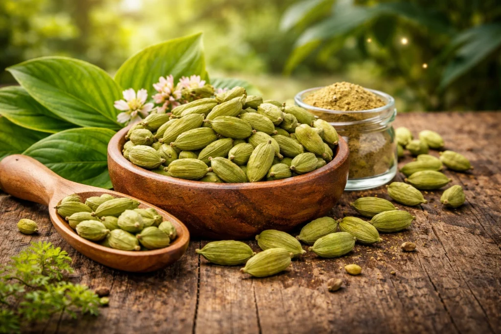 Professional 16:9 image of fresh green cardamom pods in a wooden bowl with a spoon and ground powder, placed on a rustic wooden table, surrounded by natural leaves and soft sunlight, creating a clean and premium herbal aesthetic.