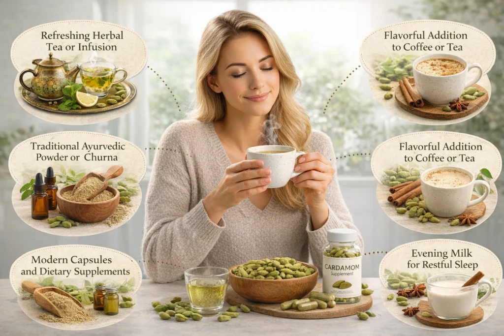Realistic 16:9 lifestyle image of a young woman holding a warm cup of herbal drink, surrounded by visual sections showing different uses of green cardamom including herbal tea, Ayurvedic churna, capsules, coffee flavoring, and milk for sleep, arranged in a clean and professional wellness infographic style.