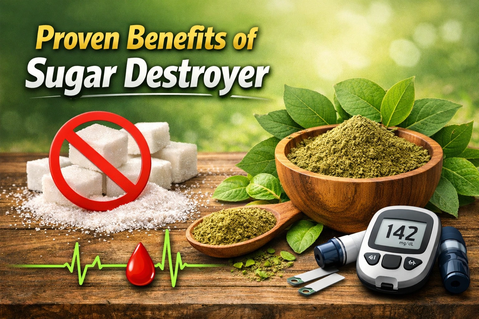 **Alt Text:** A realistic health blog thumbnail showing green herbal powder (Gymnema sylvestre) in a wooden bowl with fresh leaves, sugar cubes crossed out with a red prohibition sign, and a glucose meter displaying blood sugar levels, alongside bold text “Proven Benefits of Sugar Destroyer” on a green background.