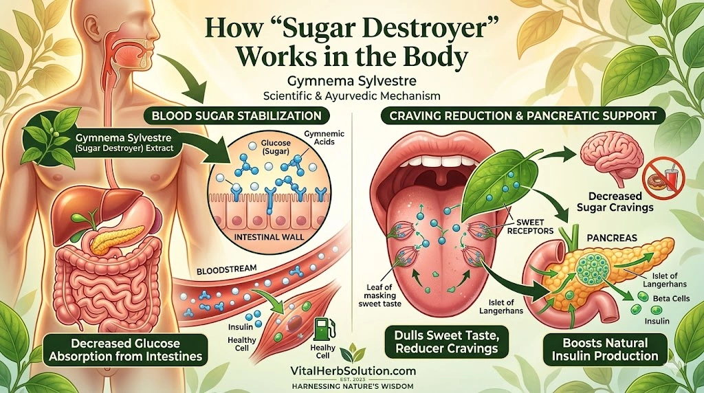 "Educational infographic showing how Sugar Destroyer (Gymnema sylvestre) works in the human body, illustrating sugar receptor blocking on the tongue, reduced glucose absorption in the intestines, and pancreatic insulin support."