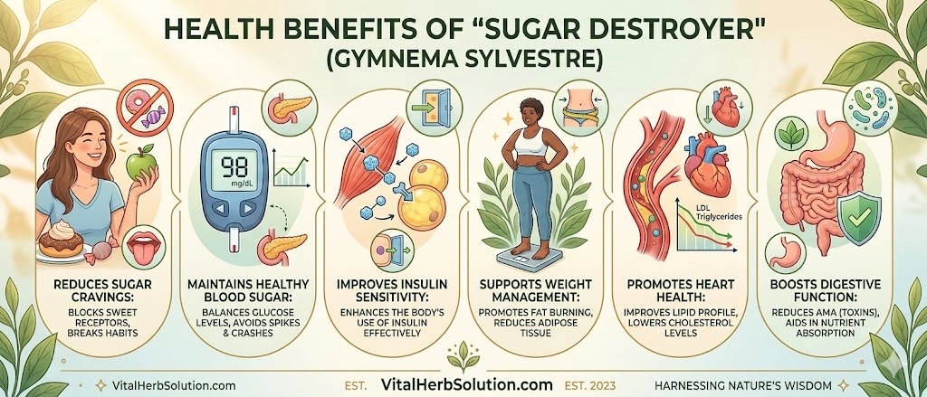 "Infographic listing the health benefits of 'Sugar Destroyer' (Gymnema sylvestre), illustrating six core functions: reducing sugar cravings (with a donut cross-out), maintaining healthy blood sugar, improving insulin sensitivity, supporting weight management, promoting heart health (with lipid graphs), and boosting digestive function."