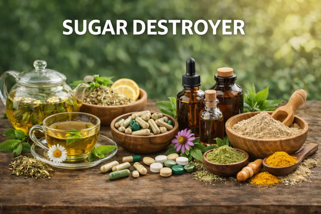 A realistic 16:9 image featuring a natural wooden table with a glass cup of herbal tea and teapot, bowls of capsules and tablets, amber bottles with droppers for liquid extracts and tinctures, and wooden bowls filled with herbal powders (churna). Fresh herbs and flowers are arranged around the items, with a soft blurred green background. The bold text “SUGAR DESTROYER” appears at the top, giving a clean and natural health-focused presentation.