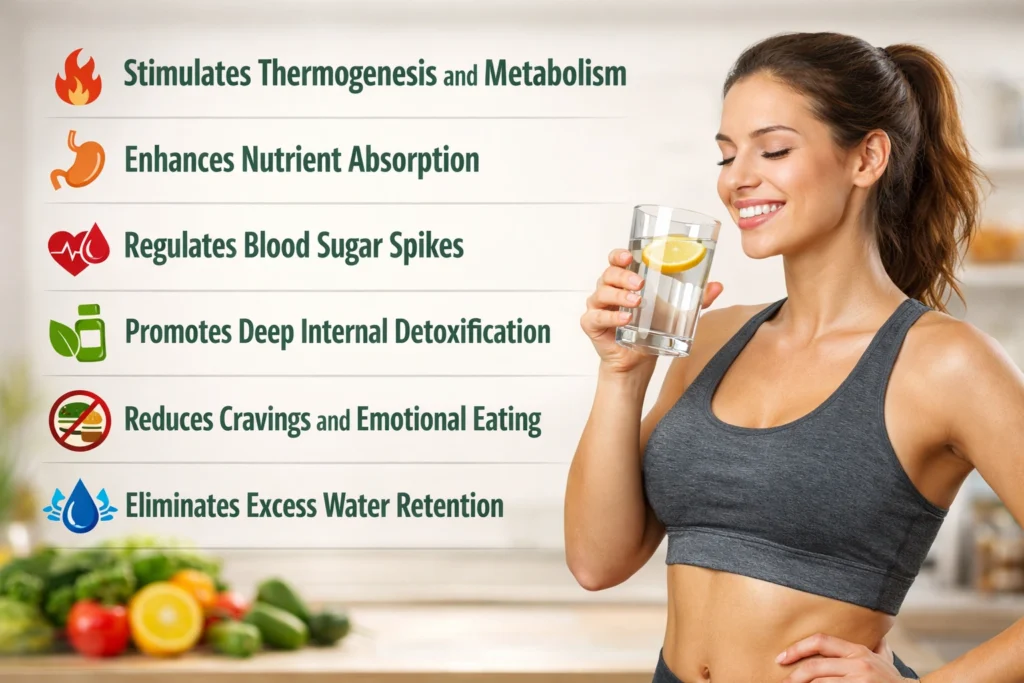 A realistic, advertisement-style image showing a fit young woman in a sports bra smiling while holding a glass of lemon water in a bright kitchen. On the left side, bold green text highlights health benefits: “Stimulates Thermogenesis and Metabolism,” “Enhances Nutrient Absorption,” “Regulates Blood Sugar Spikes,” “Promotes Deep Internal Detoxification,” “Reduces Cravings and Emotional Eating,” and “Eliminates Excess Water Retention,” each paired with simple colorful icons.
