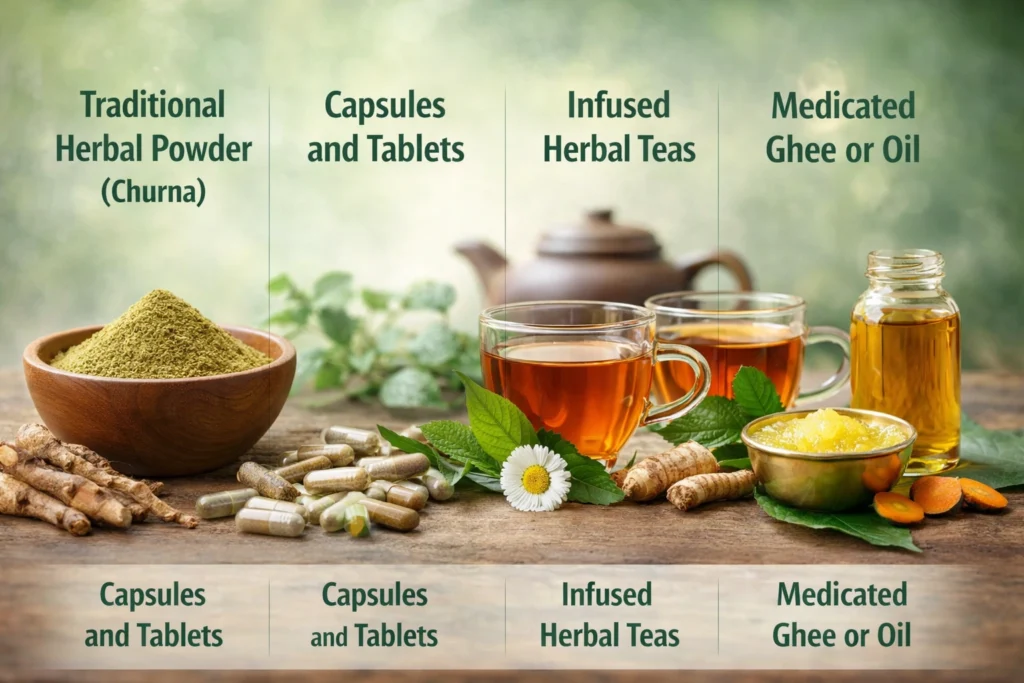 Traditional Herbal Powder (Churna)

Mixing a teaspoon of powdered Ayurvedic Herbs for Weight Loss into a glass of warm water is the most authentic way to consume them. Taking this mixture on an empty stomach in the morning helps to "wake up" your digestive system and set a high metabolic tone for the rest of the day.

Capsules and Tablets

If you find the taste of bitter herbs difficult to handle, capsules are an excellent alternative for taking your Ayurvedic Herbs for Weight Loss. They allow for precise dosing and can be easily carried in your bag for use after lunch or dinner, ensuring you never miss a dose while traveling.

Infused Herbal Teas

You can create a potent fat-burning brew by simmering Ayurvedic Herbs for Weight Loss like cinnamon, ginger, and Vijayasar in water for ten minutes. Sipping this warm tea throughout the day keeps your appetite suppressed and provides a steady stream of antioxidants to your bloodstream.

Medicated Ghee or Oil