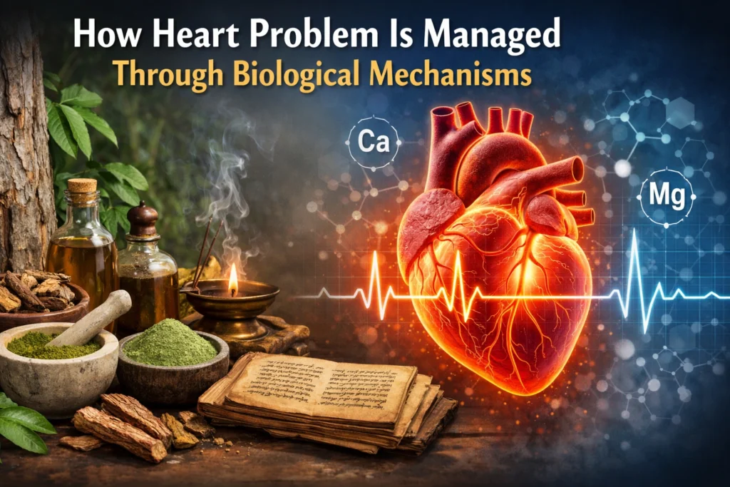 Terminalia arjuna bark, herbal powders, oil bottles, and an ancient manuscript on the left, with incense smoke rising, while on the right a glowing anatomical heart with ECG line and molecular symbols (Ca, Mg) represents modern biological mechanisms, under the title “How Heart Problem Is Managed Through Biological Mechanisms