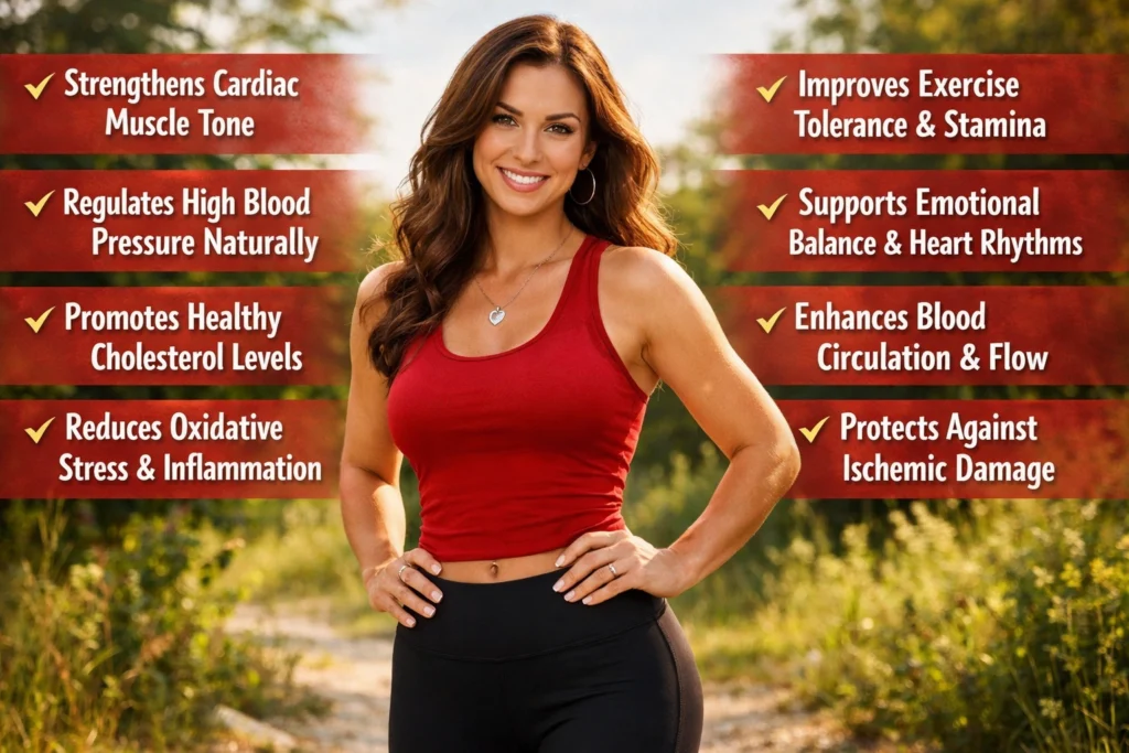 A confident, fit woman wearing a red tank top and black leggings stands outdoors in a sunlit natural setting, smiling with hands on her hips, while bold highlighted text around her showcases key heart health benefits like improved cardiac strength, better blood circulation, reduced inflammation, and enhanced stamina.