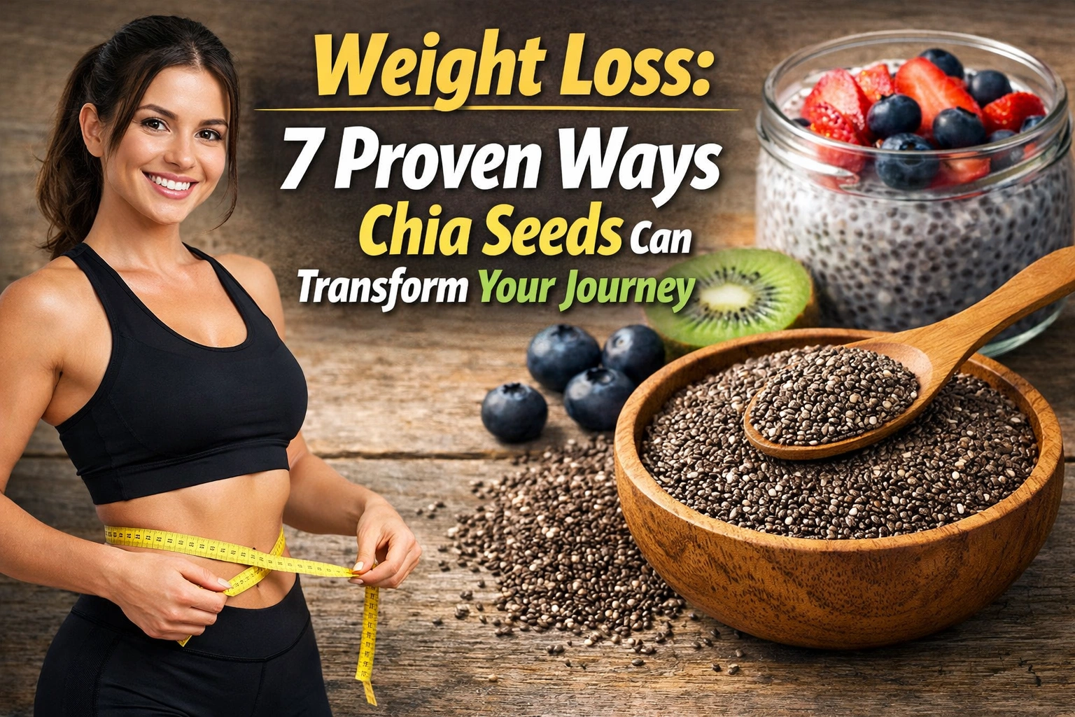 a fit young woman in black workout attire smiling while measuring her waist with a yellow tape on the left side, and on the right side a wooden bowl filled with chia seeds alongside a glass jar of chia pudding topped with fresh berries and kiwi, with bold text reading “Weight Loss: 7 Proven Ways Chia Seeds Can Transform Your Journey.