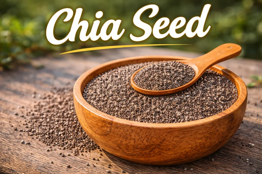 a wooden bowl filled with chia seeds on a rustic surface, with a wooden spoon resting on top and some seeds scattered around, featuring bold text “Chia Seed” at the top.