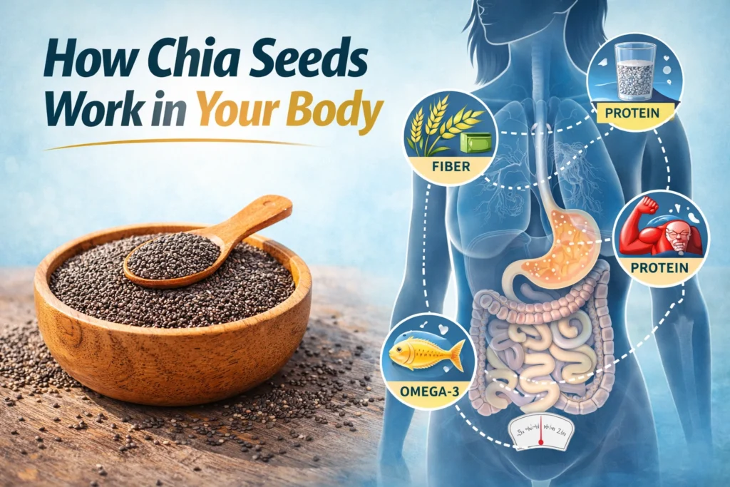 infographic-style image showing a wooden bowl of chia seeds with a spoon on the left, and on the right a semi-transparent human body illustration highlighting the digestive system, with icons representing fiber, protein, and omega-3 benefits, and text reading