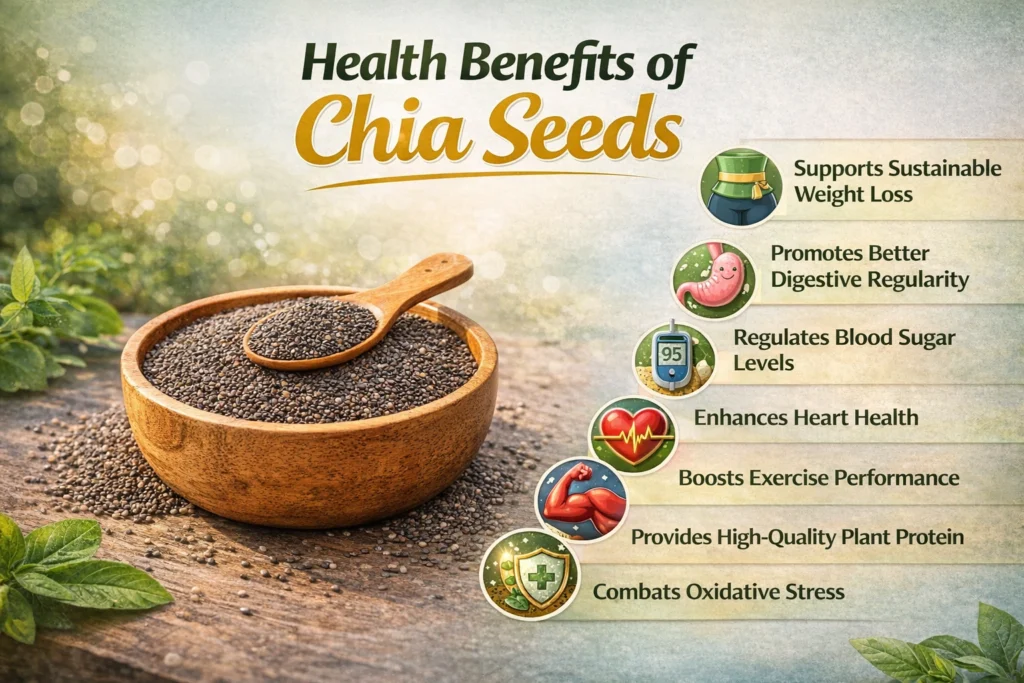 Health Benefits of Chia Seeds

Supports Sustainable Weight Loss

When you incorporate chia seeds into your daily routine, the primary benefit is the significant increase in satiety. The fiber expands in your stomach, sending signals to your brain that you are full, which naturally reduces your overall caloric intake without the feeling of deprivation. This makes weight loss feel like a natural byproduct of your diet rather than a constant uphill battle against hunger.

Promotes Better Digestive Regularity

A healthy gut is the foundation of any successful body transformation. Chia seeds provide the roughage necessary to keep your bowel movements regular, preventing the bloating and heaviness that can make you feel discouraged. By supporting a healthy microbiome, these seeds ensure that your body is efficiently absorbing nutrients while effectively eliminating waste.

Regulates Blood Sugar Levels

Fluctuating glucose levels are a major enemy of long-term weight loss success. The fiber and healthy fats in chia seeds slow down the conversion of starches into sugars, which helps maintain a steady stream of energy. This prevents the "crash and crave" cycle that often leads to overeating sugary snacks in the late afternoon.

Enhances Heart Health

Your cardiovascular system benefits immensely from the omega-3 fatty acids found in these tiny seeds. Regular consumption can help lower LDL cholesterol and triglycerides, which are often elevated in individuals struggling with excess weight. Protecting your heart is an essential part of a holistic approach to a healthier, more active lifestyle.

Boosts Exercise Performance

Because chia seeds can hold so much water, they help maintain hydration and electrolyte balance during physical activity. This is vital for weight loss because it allows you to power through your workouts with more stamina and less fatigue. You will find yourself recovering faster and feeling more motivated to stay moving throughout the week.

Provides High-Quality Plant Protein

Many people overlook the protein content of chia seeds, yet they contain all nine essential amino acids. Protein is crucial for maintaining muscle mass while you are losing fat, ensuring that your metabolism remains high. This makes them an excellent addition for anyone following a plant-based or vegetarian path to a leaner body.

Combats Oxidative Stress

The antioxidants found in chia seeds, such as quercetin and kaempferol, protect your cells from the damage caused by free radicals. This is particularly important during weight loss because the breakdown of fat cells can release stored toxins into the bloodstream. These antioxidants act as a shield, keeping your skin glowing and your cells functioning optimally.