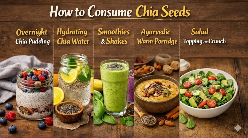A professional 16:9 infographic titled "How to Consume Chia Seeds" featuring five elegant sections: overnight pudding, hydrating lemon water, green smoothies, warm Ayurvedic porridge, and fresh salad toppings. Each panel showcases high-quality, appetizing food photography on a rustic wooden background with clean English typography.