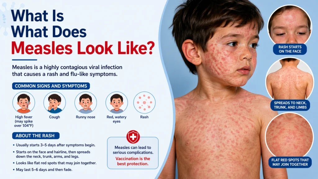 measles symptoms. Left side includes title, brief explanation, and icons for fever, cough, runny nose, red eyes, and rash. Right side shows a child with a red measles rash, with close-ups of how it starts on the face and spreads across the body. A note highlights that vaccination is the best protection.