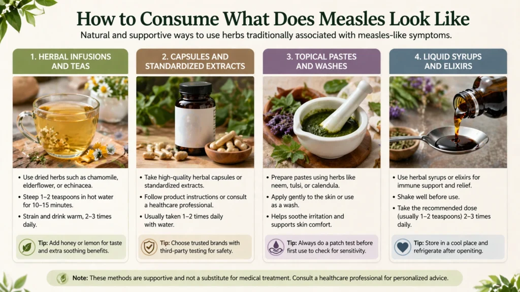four sections—herbal teas, capsules, topical pastes, and liquid syrups—with realistic visuals of each method, explaining supportive ways to manage measles-like symptoms using herbal preparations, along with safety tips and usage guidance.