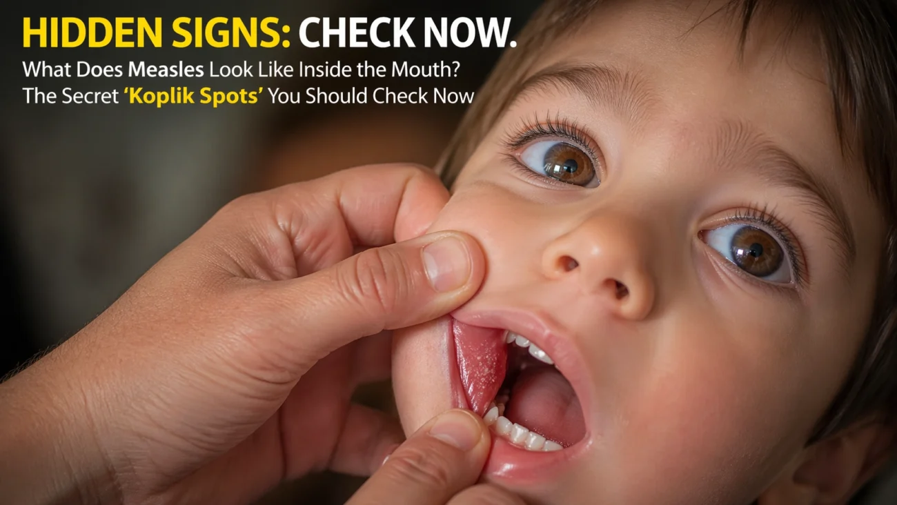 Close-up medical-style image of a parent gently pulling a child’s cheek to reveal the inner mouth, showing small bluish-white Koplik spots on a reddish inner cheek near the molars, with the child looking toward the viewer in a softly lit home setting.