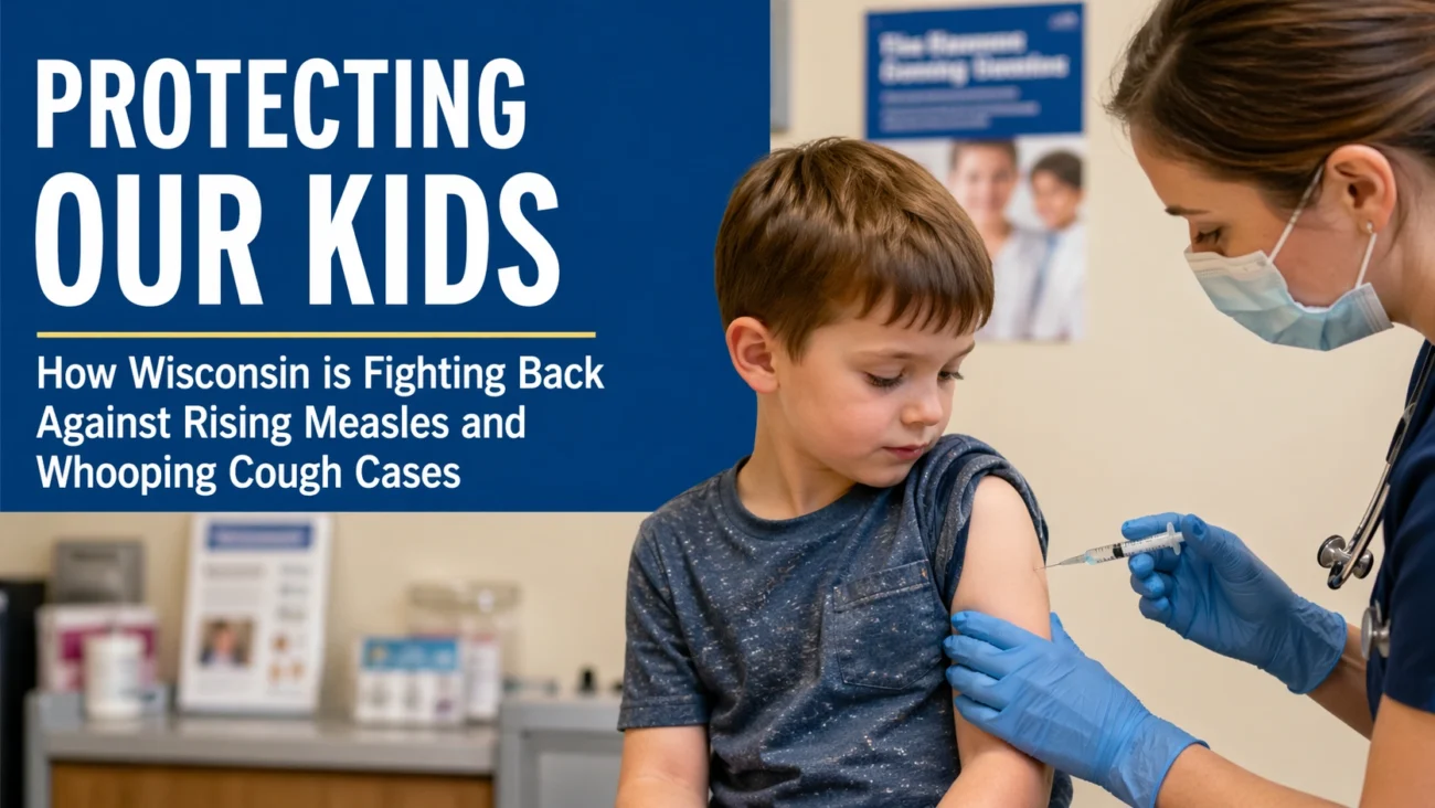 A young child receiving a vaccination from a healthcare worker in a clinic setting, alongside a bold headline about protecting kids and Wisconsin’s response to rising measles and whooping cough cases.