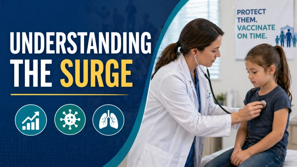 A clean, modern healthcare banner showing a doctor examining a young child with a stethoscope on the right, while the left side features a bold headline “Understanding the Surge” with simple medical icons, representing rising infectious diseases and child health awareness.
Protecting Our Kids