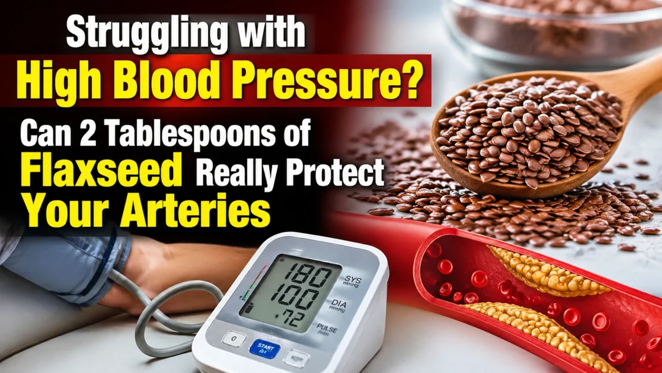 flaxseeds in a wooden spoon, a digital blood pressure monitor reading high values, and a cross-section of a clogged artery, with bold text about flaxseed helping protect arteries and manage high blood pressure.