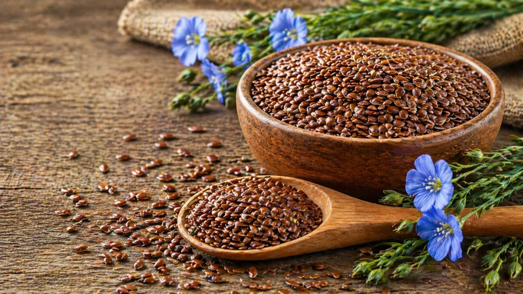 a wooden bowl and spoon filled with flaxseeds placed on a wooden table, with scattered seeds and blue flax flowers in the background, creating a natural and organic food setting.